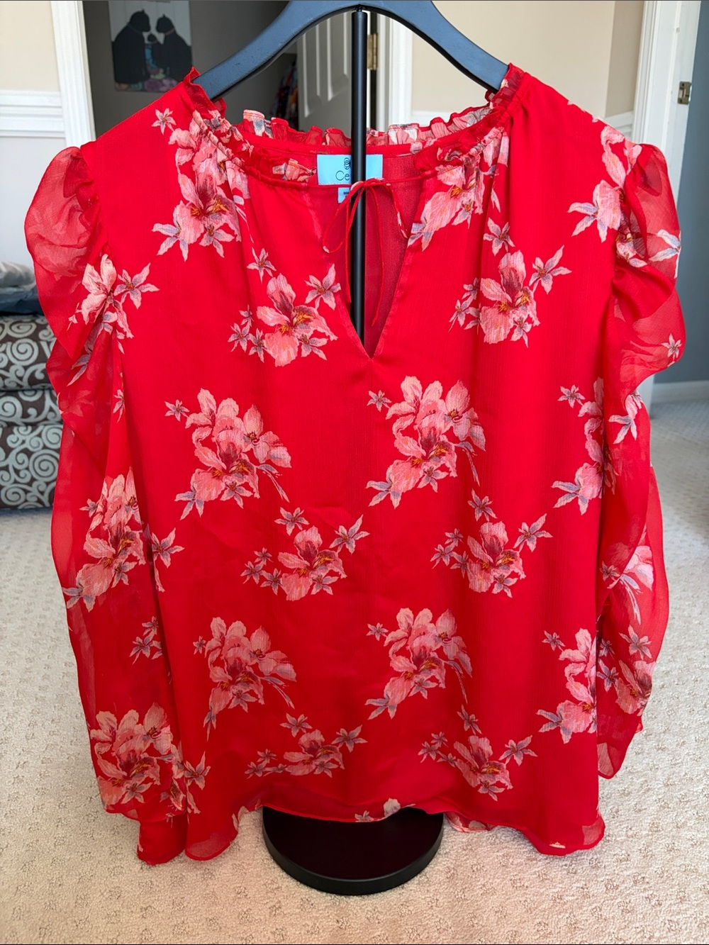 CeCe Red Floral Ruffle-Sleeve Blouse